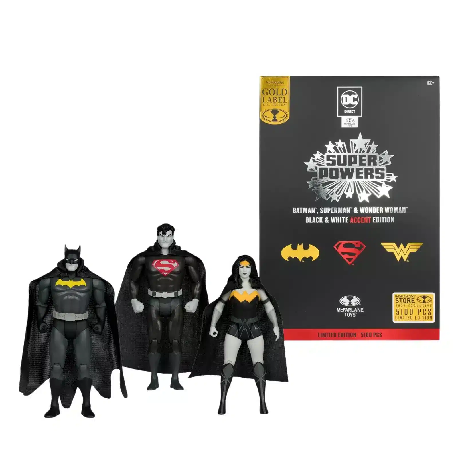 McFarlane DC Super Powers Batman Superman Wonder Woman (Black & White SDCC Gold Label 3pk)